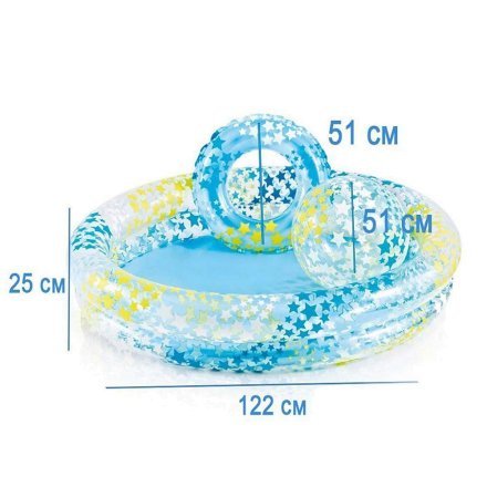 Дитячий надувний басейн Intex 59460 «Зірки» 122 х 25 см, з надувним кругом та м\'ячем, блакитний - 3