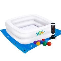 Дитячий надувний басейн Bestway 51116-2, білий, 86 х 86 х 25 см, з кульками 10 шт, підстилкою, насосом