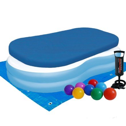 Дитячий надувний басейн Bestway 54117-3, блакитний, 262 х 157 х 46 см, з кульками 10 шт, тентом, підстилкою, насосом - 1