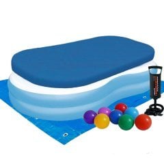 Дитячий надувний басейн Bestway 54117-3, блакитний, 262 х 157 х 46 см, з кульками 10 шт, тентом, підстилкою, насосом