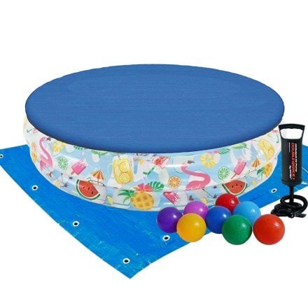 Дитячий надувний басейн Intex 59460-3 «Фрукти», 122 х 25 см, з м\'ячиком та колом, з кульками 10 шт, тентом, підстилкою, насосом - 1