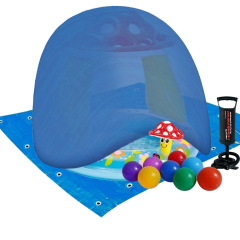 Дитячий надувний басейн Intex 57114-3 «Грибочок», 102 х 89 см, з навісом, кульками 10 шт, тентом, підстилкою, насосом