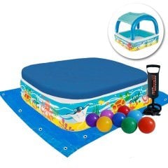 Дитячий надувний басейн Bestway 52192-3 з навісом, 140 х 140 х 114 см, з кульками 10 шт, тентом, підстилкою та насосом.