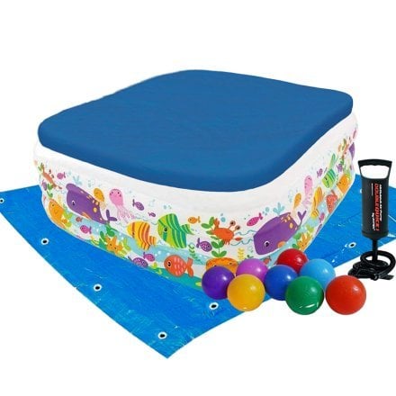 Дитячий надувний басейн Intex 57471-3 «Акваріум», 159 х 159 х 50 см, з кульками 10 шт, тентом, підстилкою, насосом