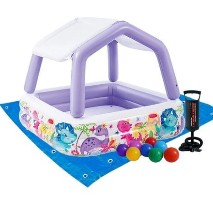 Детский надувной бассейн Intex 57470-2 «Аквариум» со съемным навесом, сиреневый, 157 х 157 х 122 (24) см, с шариками 10 шт, подстилкой и насосом. - 1