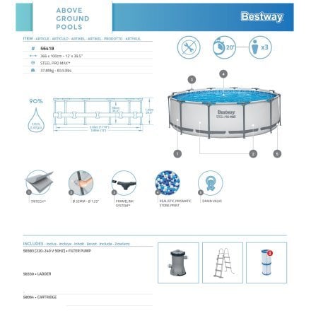 Каркасний басейн Bestway 56418, 366 х 100 см (2006 л/год, драбина) - 4