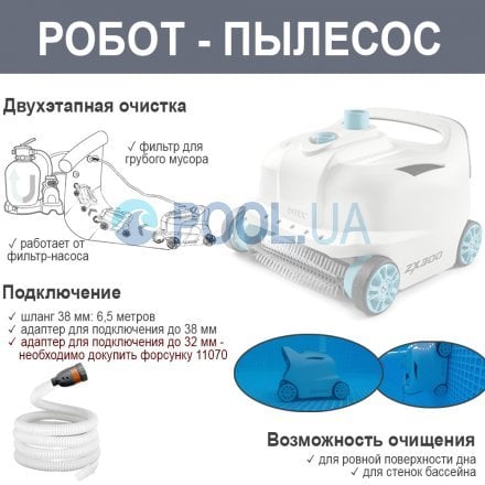 Робот - пылесос для бассейнов Intex 28005 (ZX300) для очистки стен и дна, работает от 6 028 л/ч, подключение на выпуск воды - 12